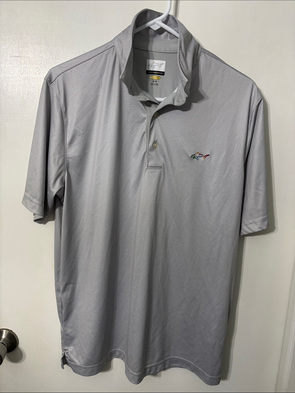 Greg Norman Collection Gray Performance Polo with Embroidered Shark. Like New